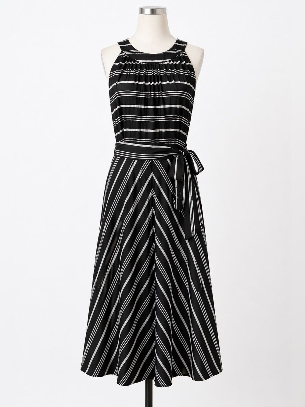 Tommy Hilfiger Halter Midi Dress Crinkle Gauze Belted Striped Black Gray 12 NEW